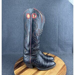 Vtg Justin Tall Elephant Print Spellout Buckaroo Leather Boots Black Red 6.5D